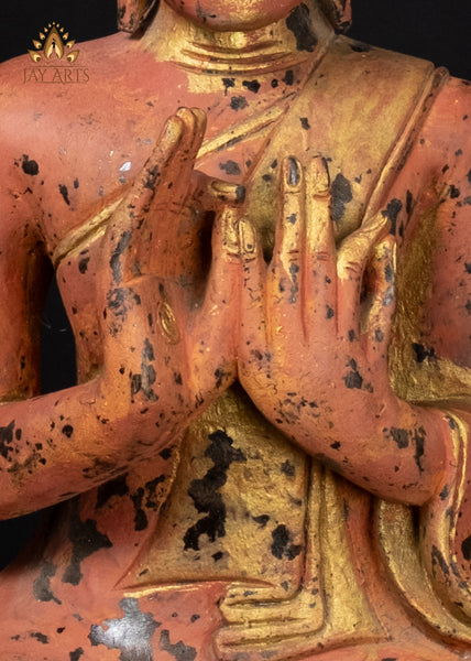 21" Buddha in Dharmachakra Mudra Hand-Painted Wood Statue from Cambodia