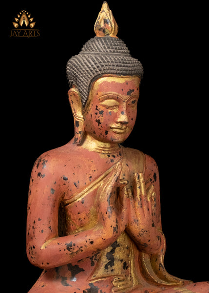 21" Buddha in Dharmachakra Mudra Hand-Painted Wood Statue from Cambodia