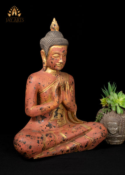 21" Buddha in Dharmachakra Mudra Hand-Painted Wood Statue from Cambodia