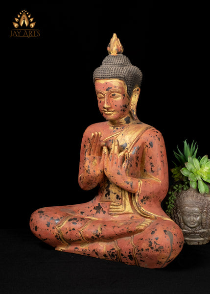 21" Buddha in Dharmachakra Mudra Hand-Painted Wood Statue from Cambodia