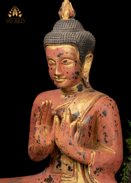 21" Buddha in Dharmachakra Mudra Hand-Painted Wood Statue from Cambodia
