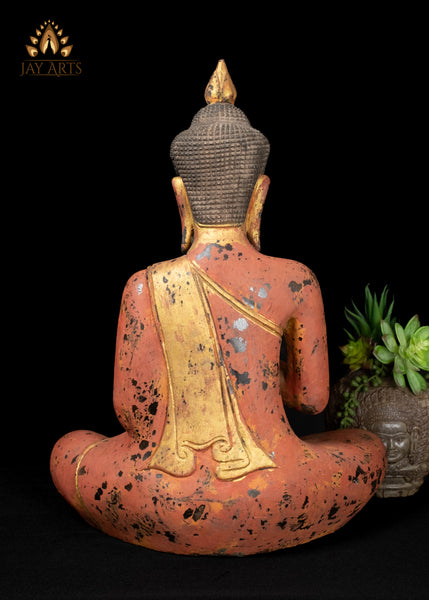 21" Buddha in Dharmachakra Mudra Hand-Painted Wood Statue from Cambodia