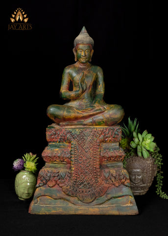 22" Hand-Carved Cambodian Wood Buddha in Vitarka Mudra Distinctive Patina and Exquisite Detailing