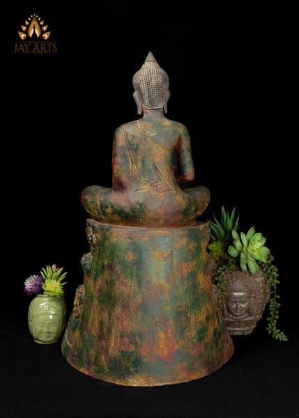 22" Hand-Carved Cambodian Wood Buddha in Vitarka Mudra Distinctive Patina and Exquisite Detailing