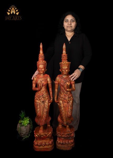 45" Pair of Hand Carved Cambodian Apsara Wood Statues - Celestial Grace in Red and Gold