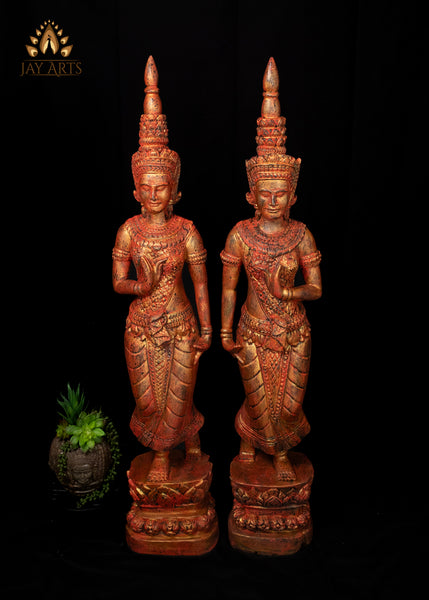 45" Pair of Hand Carved Cambodian Apsara Wood Statues - Celestial Grace in Red and Gold