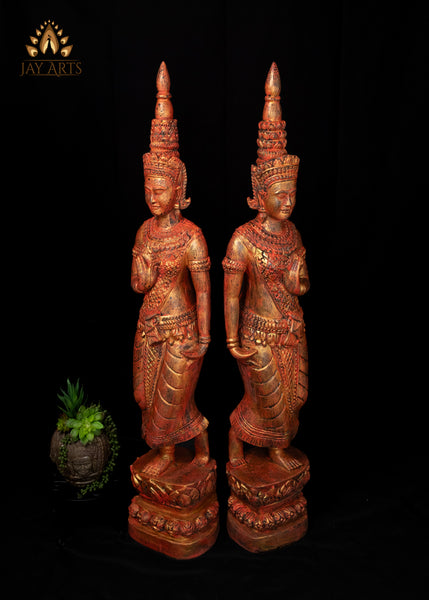 45" Pair of Hand Carved Cambodian Apsara Wood Statues - Celestial Grace in Red and Gold