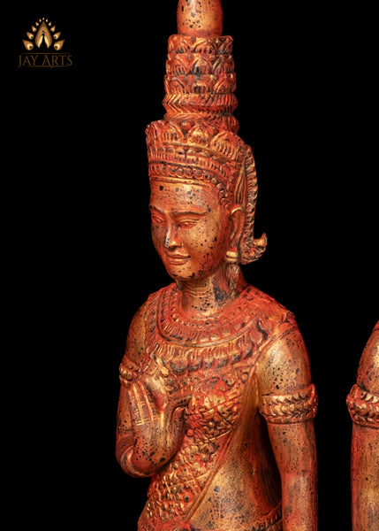 45" Pair of Hand Carved Cambodian Apsara Wood Statues - Celestial Grace in Red and Gold