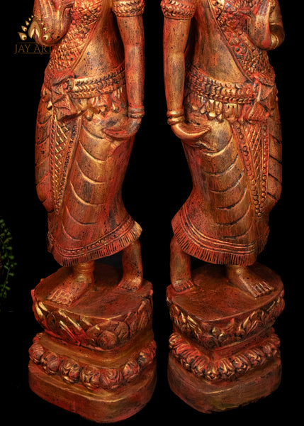 45" Pair of Hand Carved Cambodian Apsara Wood Statues - Celestial Grace in Red and Gold