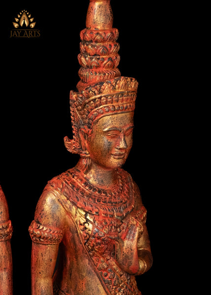 45" Pair of Hand Carved Cambodian Apsara Wood Statues - Celestial Grace in Red and Gold
