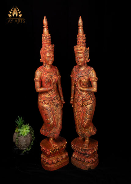 45" Pair of Hand Carved Cambodian Apsara Wood Statues - Celestial Grace in Red and Gold