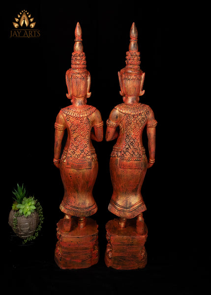 45" Pair of Hand Carved Cambodian Apsara Wood Statues - Celestial Grace in Red and Gold