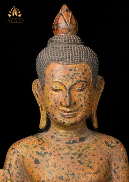 48" Hand-Carved Khmer Buddha in Abhaya & Varada Mudra Elegant Flowing Robe with Soft Mustard Speckled Finish