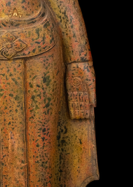 48" Hand-Carved Khmer Buddha in Abhaya & Varada Mudra Elegant Flowing Robe with Soft Mustard Speckled Finish