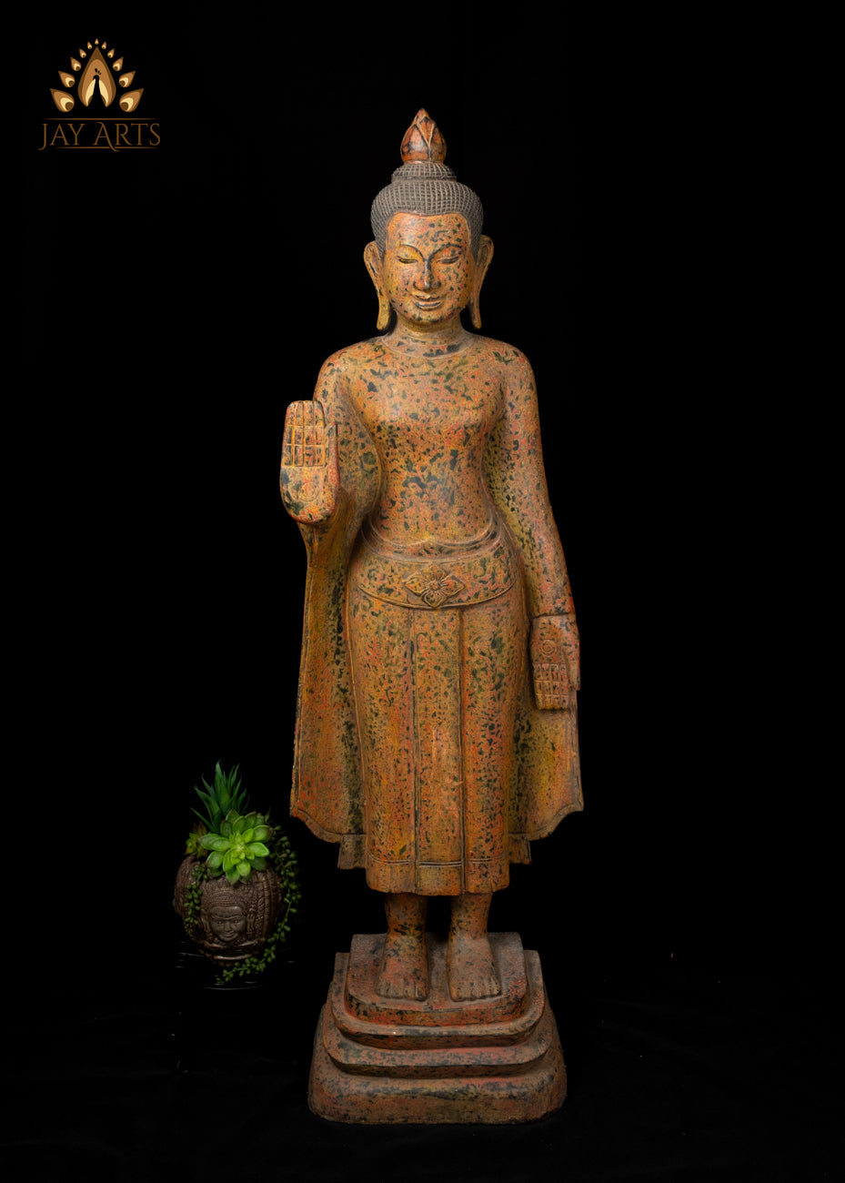 48" Hand-Carved Khmer Buddha in Abhaya & Varada Mudra Elegant Flowing Robe with Soft Mustard Speckled Finish
