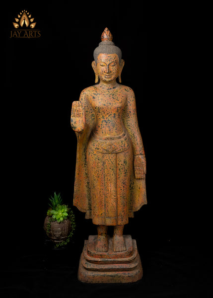48" Hand-Carved Khmer Buddha in Abhaya & Varada Mudra Elegant Flowing Robe with Soft Mustard Speckled Finish