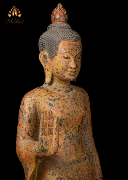 48" Hand-Carved Khmer Buddha in Abhaya & Varada Mudra Elegant Flowing Robe with Soft Mustard Speckled Finish