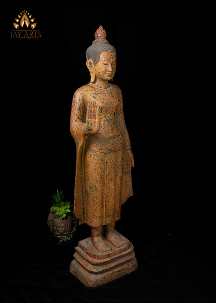 48" Hand-Carved Khmer Buddha in Abhaya & Varada Mudra Elegant Flowing Robe with Soft Mustard Speckled Finish