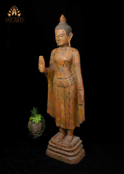 48" Hand-Carved Khmer Buddha in Abhaya & Varada Mudra Elegant Flowing Robe with Soft Mustard Speckled Finish