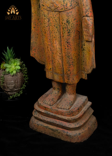 48" Hand-Carved Khmer Buddha in Abhaya & Varada Mudra Elegant Flowing Robe with Soft Mustard Speckled Finish