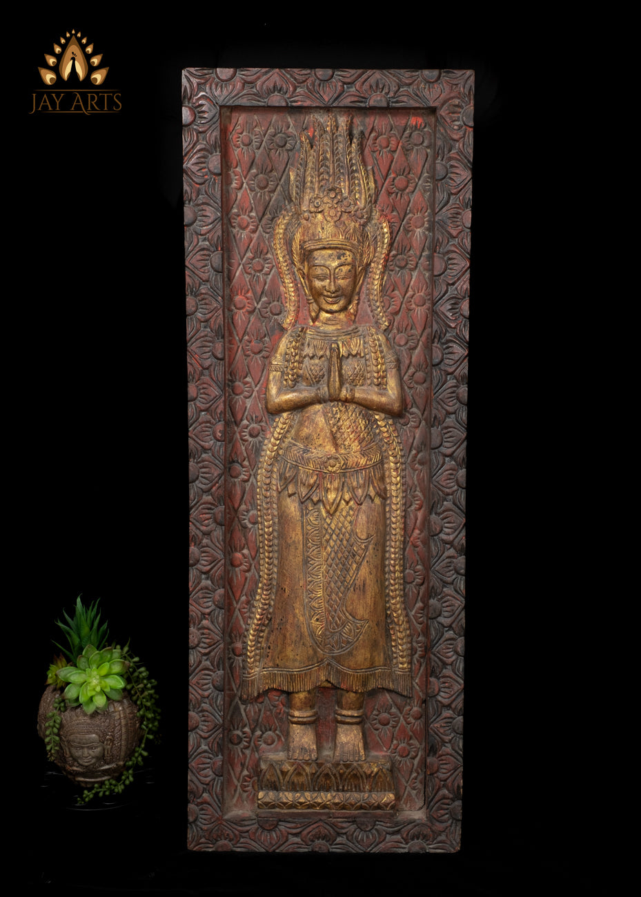 43" Tall Namaste Apsara Wood Panel from Cambodia - A Statement Piece of Serenity and Style