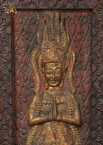 43" Tall Namaste Apsara Wood Panel from Cambodia - A Statement Piece of Serenity and Style