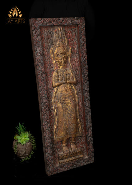 43" Tall Namaste Apsara Wood Panel from Cambodia - A Statement Piece of Serenity and Style