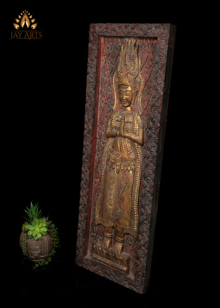 43" Tall Namaste Apsara Wood Panel from Cambodia - A Statement Piece of Serenity and Style