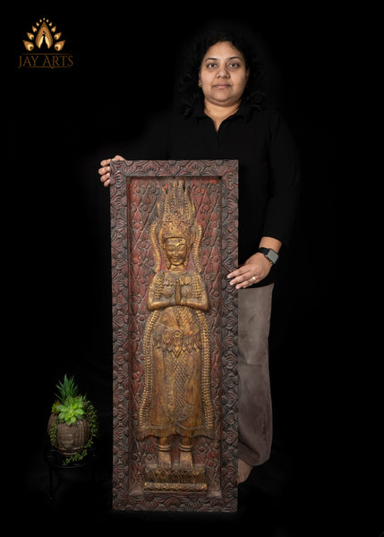 43" Tall Namaste Apsara Wood Panel from Cambodia - A Statement Piece of Serenity and Style