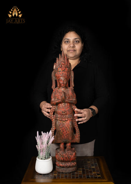 30" Cambodian Namaste Apsara Wood Statue - A Stance of Grace and Elegance