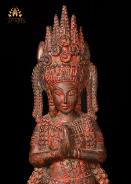 30" Cambodian Namaste Apsara Wood Statue - A Stance of Grace and Elegance