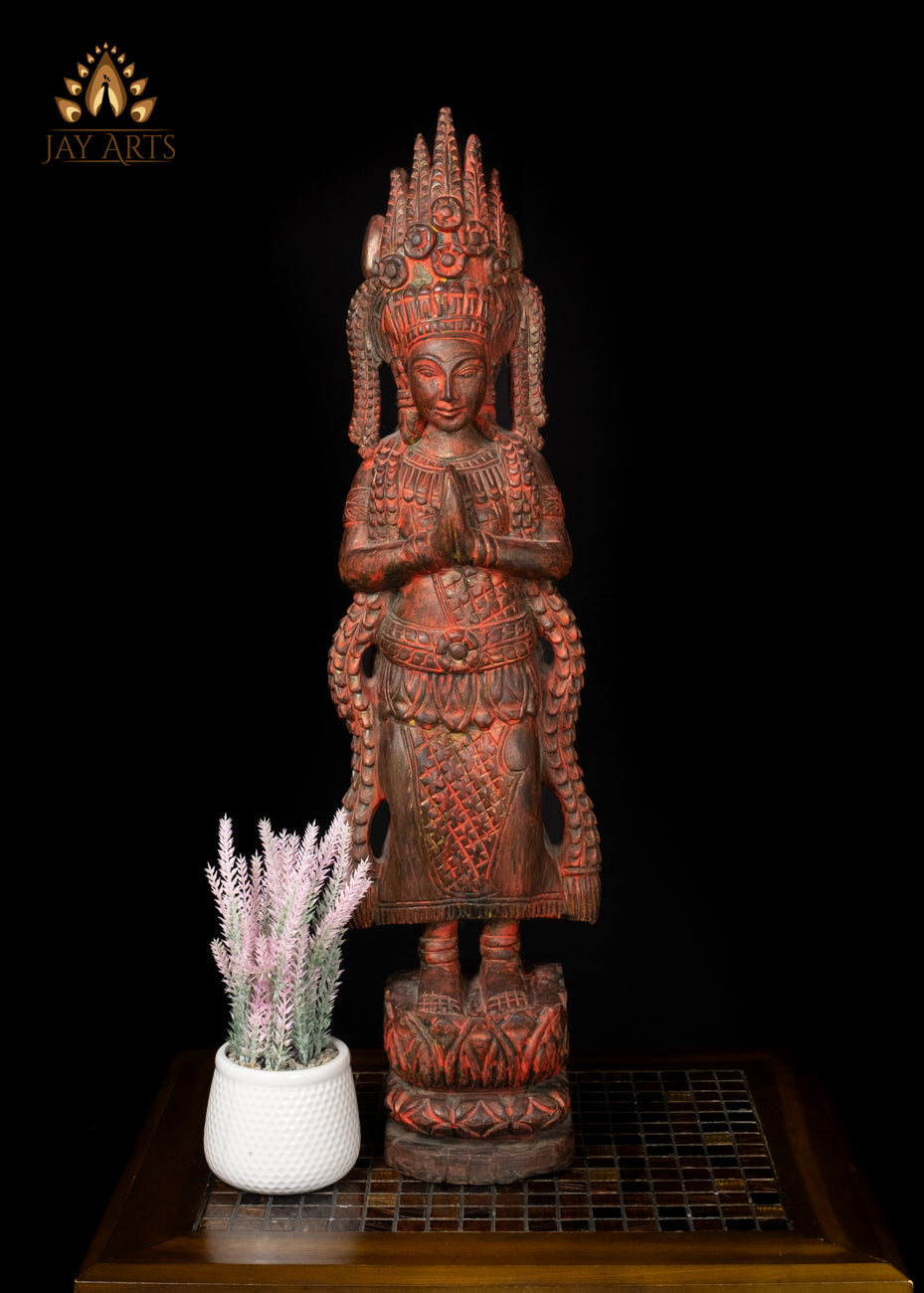 30" Cambodian Namaste Apsara Wood Statue - A Stance of Grace and Elegance