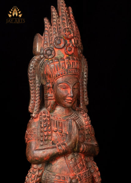 30" Cambodian Namaste Apsara Wood Statue - A Stance of Grace and Elegance