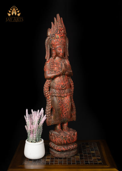30" Cambodian Namaste Apsara Wood Statue - A Stance of Grace and Elegance