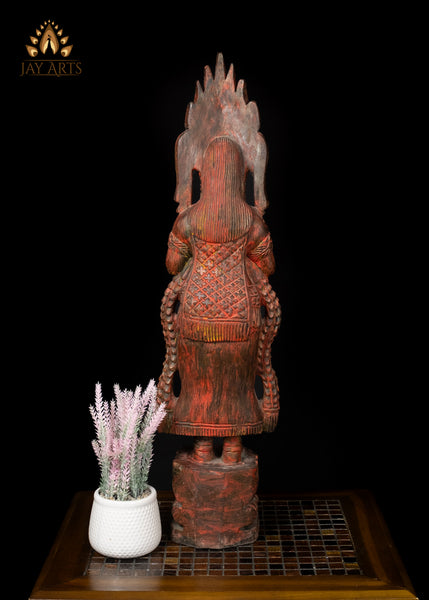 30" Cambodian Namaste Apsara Wood Statue - A Stance of Grace and Elegance
