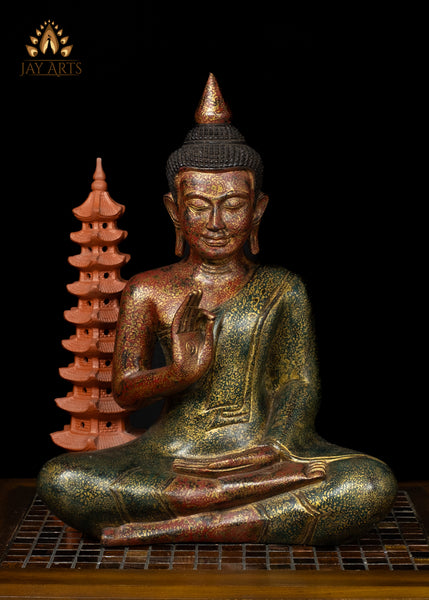 17" Hand-Carved Wood Buddha in Vitarka Mudra Seated in Half Lotus Pose from Cambodia