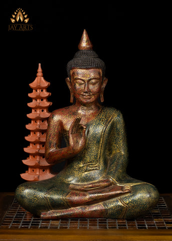17" Hand-Carved Wood Buddha in Vitarka Mudra Seated in Half Lotus Pose from Cambodia