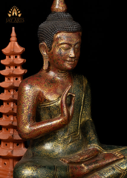 17" Hand-Carved Wood Buddha in Vitarka Mudra Seated in Half Lotus Pose from Cambodia