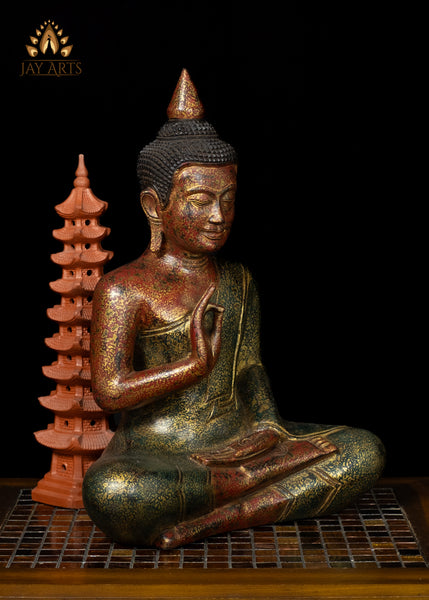 17" Hand-Carved Wood Buddha in Vitarka Mudra Seated in Half Lotus Pose from Cambodia