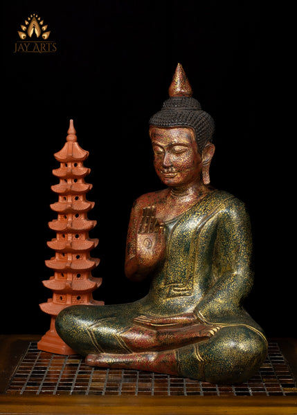 17" Hand-Carved Wood Buddha in Vitarka Mudra Seated in Half Lotus Pose from Cambodia