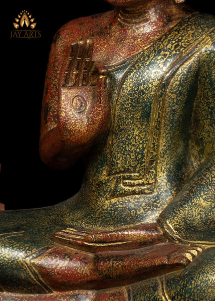 17" Hand-Carved Wood Buddha in Vitarka Mudra Seated in Half Lotus Pose from Cambodia