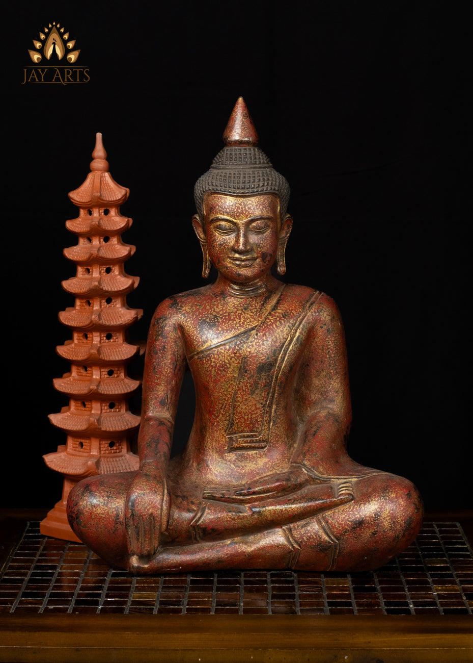 15" Cambodian Wood Buddha Statue in Bhumisparsha Mudra - Hand-Painted Red and Gold Finish