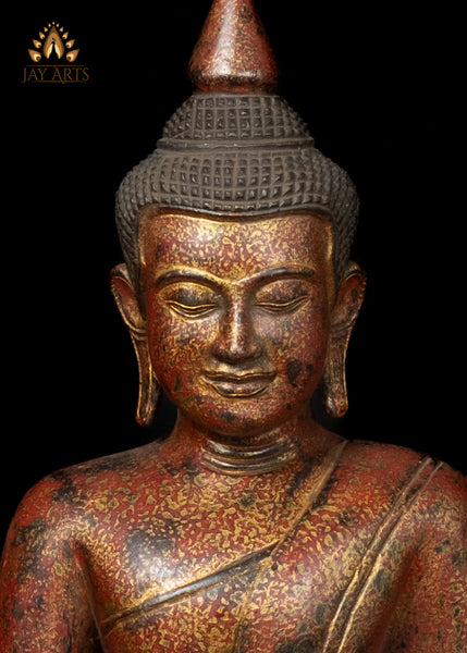 15" Cambodian Wood Buddha Statue in Bhumisparsha Mudra - Hand-Painted Red and Gold Finish