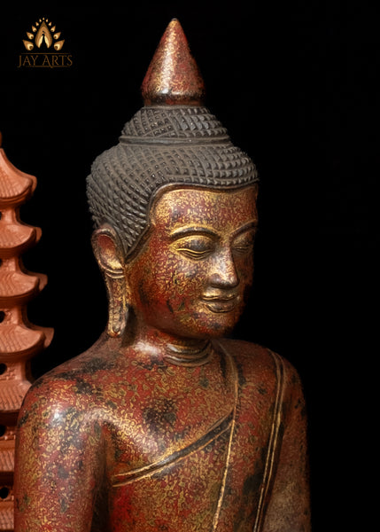 15" Cambodian Wood Buddha Statue in Bhumisparsha Mudra - Hand-Painted Red and Gold Finish