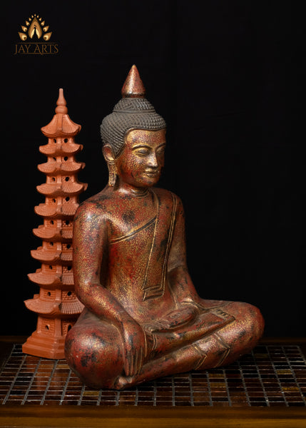 15" Cambodian Wood Buddha Statue in Bhumisparsha Mudra - Hand-Painted Red and Gold Finish