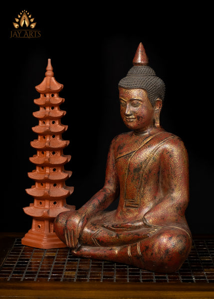 15" Cambodian Wood Buddha Statue in Bhumisparsha Mudra - Hand-Painted Red and Gold Finish