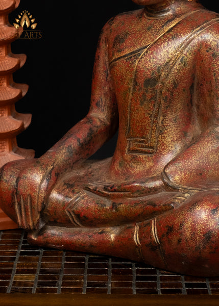 15" Cambodian Wood Buddha Statue in Bhumisparsha Mudra - Hand-Painted Red and Gold Finish