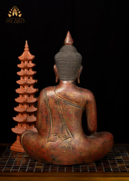 15" Cambodian Wood Buddha Statue in Bhumisparsha Mudra - Hand-Painted Red and Gold Finish