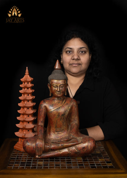 15" Cambodian Wood Buddha Statue in Bhumisparsha Mudra - Hand-Painted Red and Gold Finish