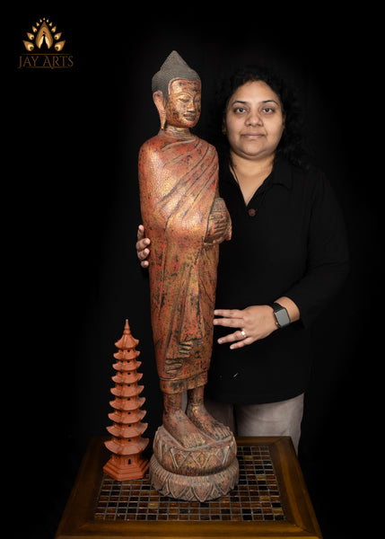 38” Cambodian Standing Wood Buddha with Alms Pot – Symbol of Compassion